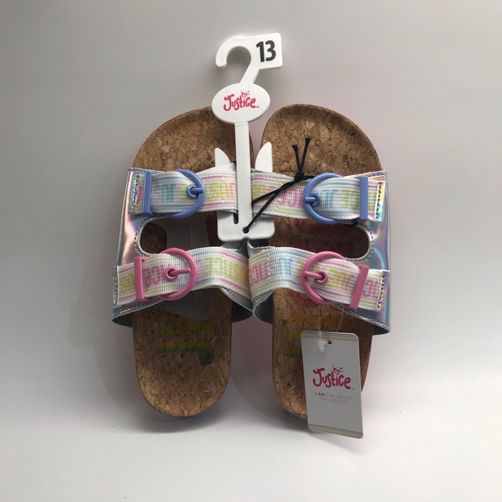Justice Girls Size 13 Pink And Blue Buckle Molded Cork Footbed Slip-On Sandals